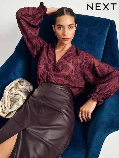 Rouge bordeaux - Jacquard Boho Long Sleeve Tie Neck Blouse (B25986) | 51 €