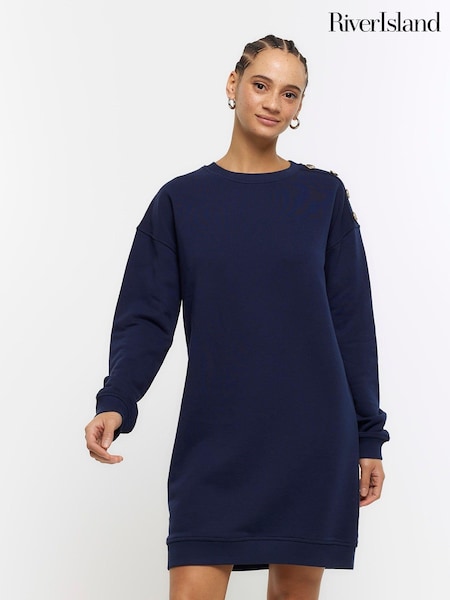 River Island Navy Button Detail Sweatshirt Mini Dress (B25992) | OMR4