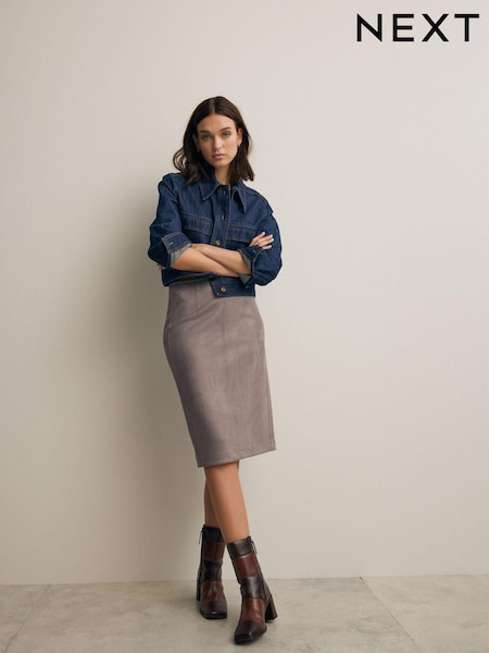 Gri - Suedette Knee Skirt (B26118) | 141 LEI