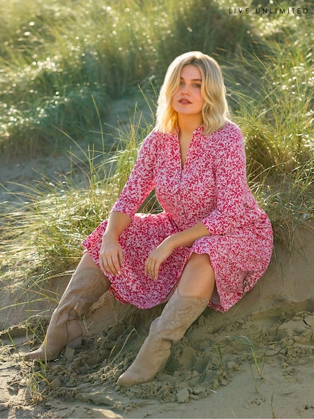 Live Unlimited Red Curve Sprig Print Cotton Slub Button Front Midi Dress (B26172) | €41.50