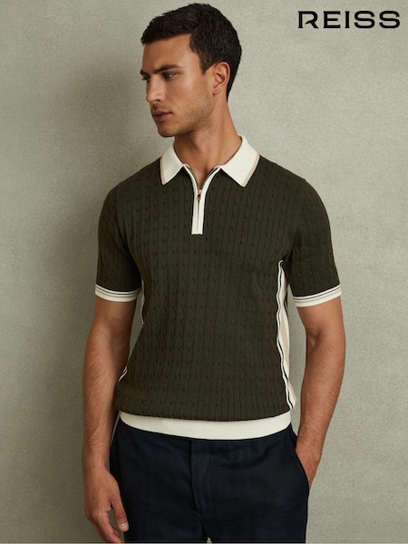 Reiss Khaki Green/Off White/Camel Pulse Cotton Blend Cable Knit Half-Zip Polo Shirt (B26311) | €95