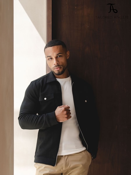Black - Regular Tailored Athlete Muscle Fit Interlock Jersey Zip Through Shacket