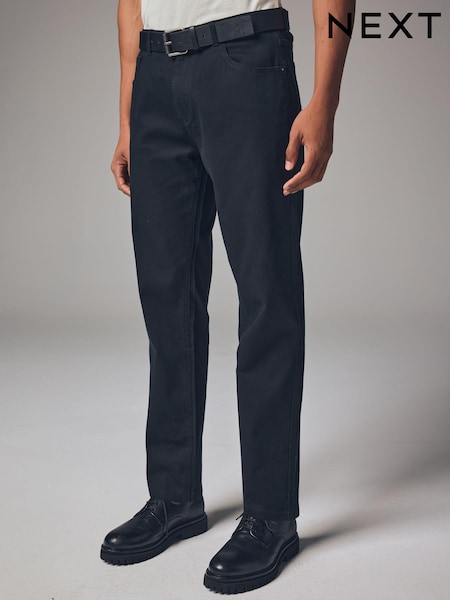 Black Straight Fit Belted Textured 5 Pocket Trousers (B26412) | $35