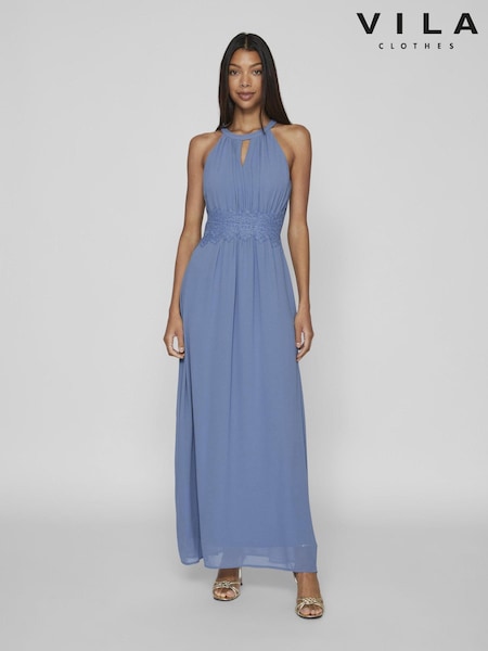 VILA Blue Halter Neck Tulle Maxi Dress (B26444) | €46