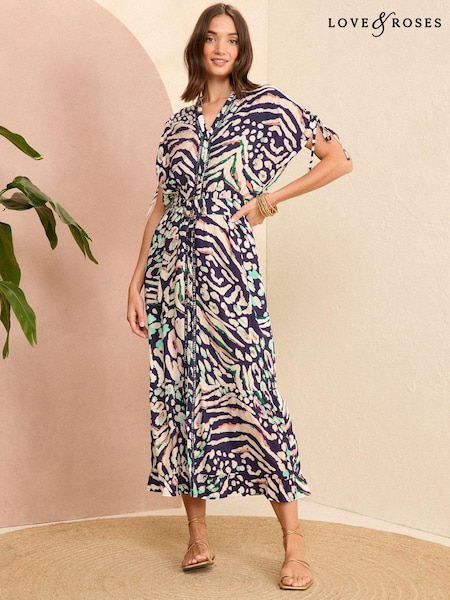 Love & Roses Ruched Shoulder Belted Midi Dress (B26458) | 207 LEI
