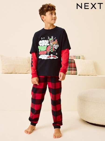 Red/Black Check Single Long Sleeve 100% Cotton Pyjamas (3-16yrs) (3-16yrs) (B26461) | AED56 - AED74