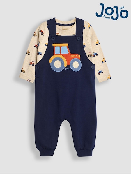 JoJo Maman Bébé Navy Blue Tractor Appliqué Dungarees & Print Top Set (B26576) | €45
