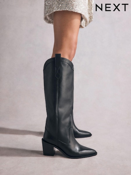 Black Tabitha Simmons Cowboy Daisy Knee Leather High Boots (B26622) | AED388