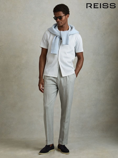 Reiss White/Soft Blue Neptune Ribbed Striped Cuban Collar Shirt (B26850) | 647 QAR