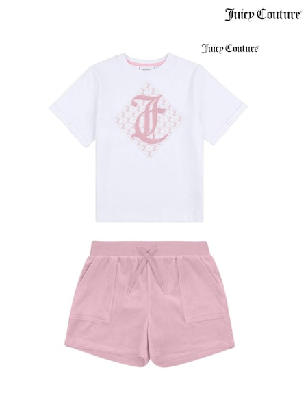 Roz - Set Juicy Couture pentru fete, tricou și pantaloni scurți din bumbac 100% cu model romburi (B26865) | 447 LEI - 536 LEI