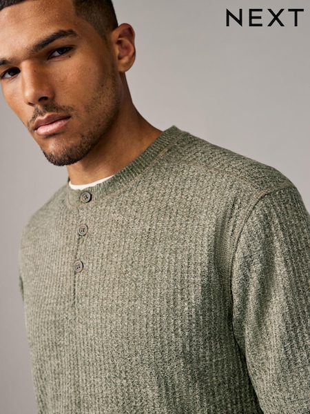 Green Waffle Textured Long Sleeve Grandad T-Shirt (B26937) | €30