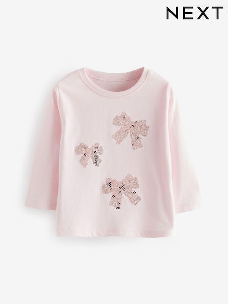 Pink 100% Cotton Long Sleeve Bow Sequin T-Shirt (9mths-7yrs) (B26961) | AED25 - AED32