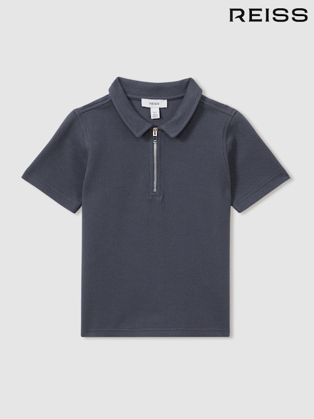 Albastru oţel - Tricou polo cu jumătate de fermoar texturat Reiss Creed (B27015) | 281 LEI
