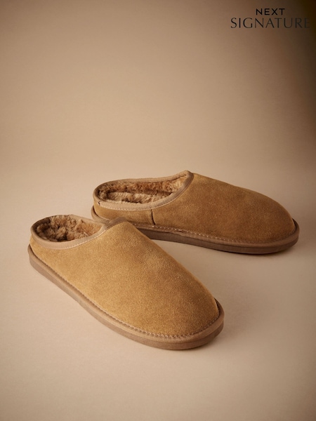 Tan Brown Faux Fur Lined Signature Suede Mule Slippers (B27081) | OMR14