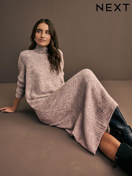Neutral High Neck Long Sleeve Maxi Knitted Jumper Dress (B27117) | $58