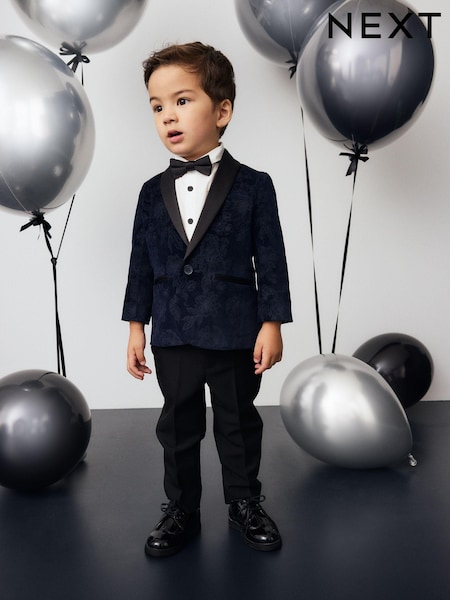 Navy Blue Floral Velvet Blazer, Shirt, Trousers And Bow Tie Set (3mths-9yrs) (B27332) | 297 QAR - 337 QAR