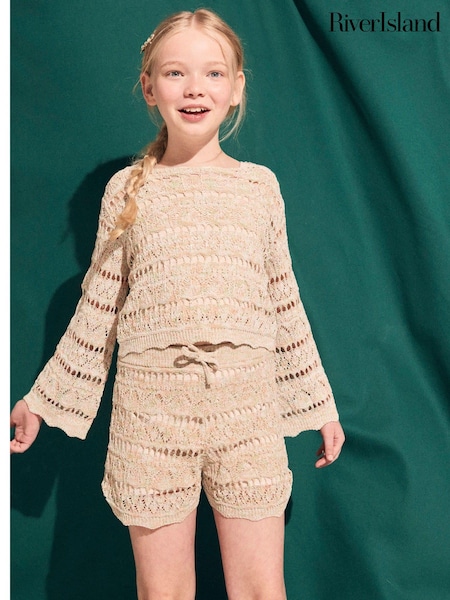 River Island Brown Girls Crochet 100% Cotton Jumper And Shorts Set (B27344) | €23 - €30