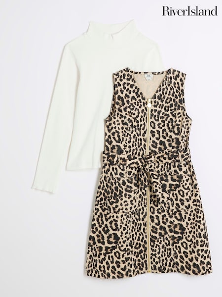 River Island Brown Girls Animal Belted Pinny 100% Cotton Dress (B27519) | €23