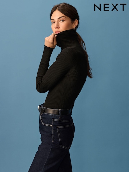 Black High Roll Neck Rib Knitted Jumper with Wool (B27533) | €21