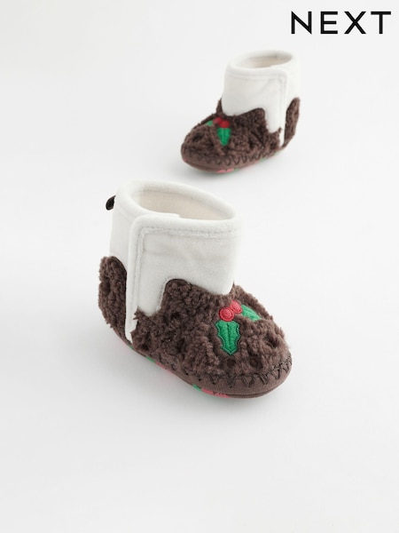 Brown Christmas Pudding Baby Slipper Boots (0-2mths) (B27592) | €9