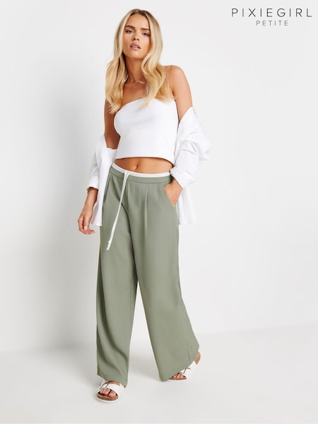 PixieGirl Petite Green Contrast Waist Wide Leg Trousers (B27593) | AED215