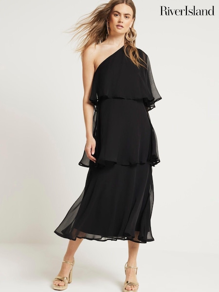 River Island Black One Shoulder Tiered Midaxi Dress (B27642) | €34