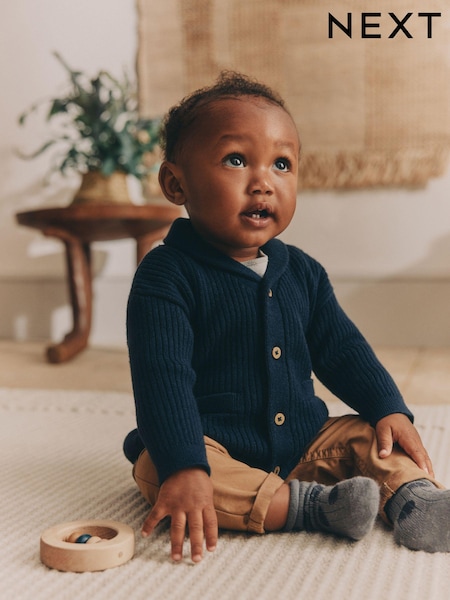 Navy Blue Baby Rib Shawl Knitted Cardigan (0mths-2yrs) (B27652) | €14 - €16
