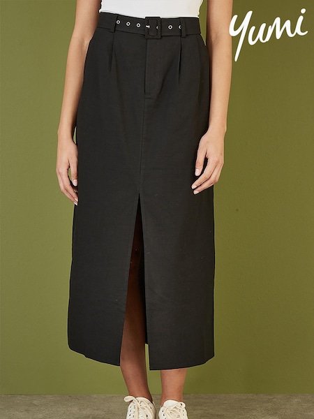 שחור - Yumi 100% Cotton Midi Skirt With Belt And Split Hem (B27883) | ‏226‏₪
