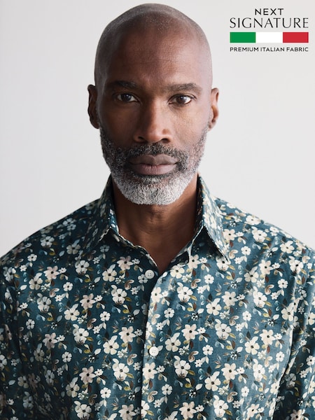 Blue Ditsy Floral Slim Fit Signature Single Cuff 100% Cotton Formal Shirt (B27970) | €73
