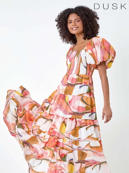 Dusk Abstract Tiered Puff Sleeve Midi Dress (B28038) | ‏174 د.إ.‏