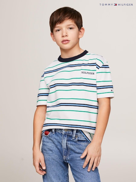 Tommy Hilfiger White Monotype 100% Cotton Stripes T-Shirt (B28068) | €17 - €19