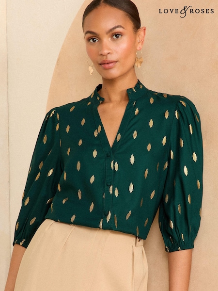 Love & Roses Green Foil Ruffle V Neck 3/4 Sleeve Button Through Blouse (B28113) | €24