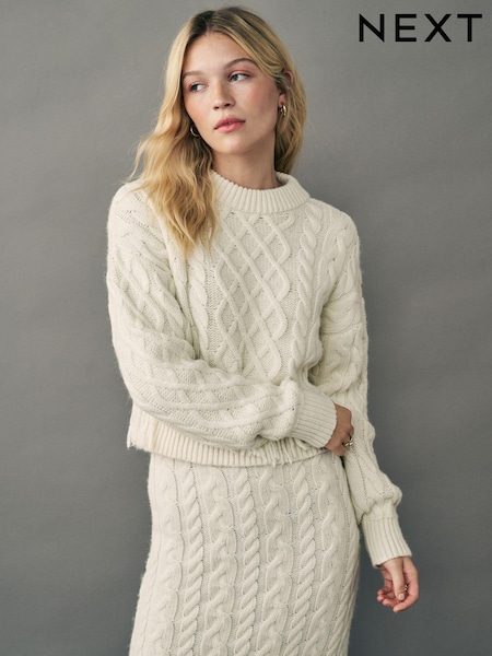 White Ecru Cable Knitted Fringe Crew Neck Jumper (B28190) | 110 QAR