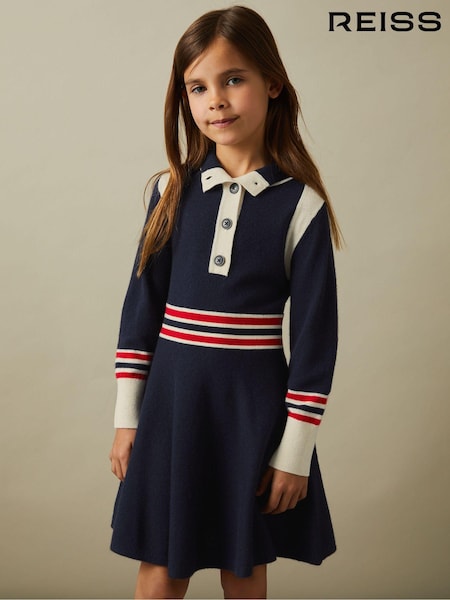 Reiss Navy Vienne 4-9 yrs Knitted Button-Through Funnel Neck Skater Dress (B28216) | €107