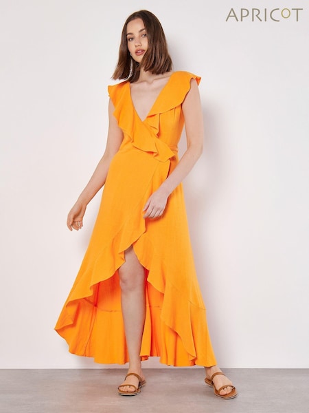 Apricot Orange Ruffle Wrap Hi-Lo Linen Mix Dress (B28222) | €30