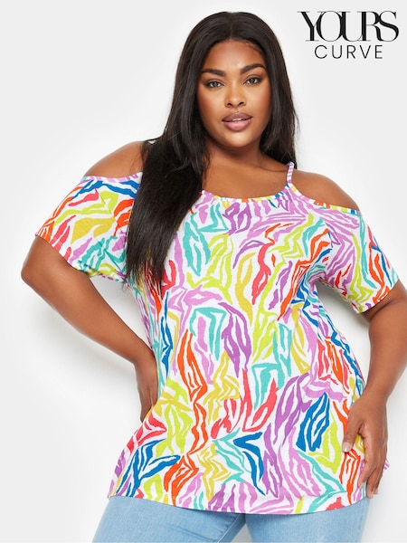 Multi - Yours Curve Rainbow Zebra Imprimeu Cold Shoulder Top (B28243) | 142 LEI