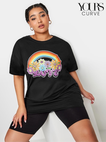 Schwarz - Yours Curve 100% Cotton Relaxed Drop Shoulder Rainbow Love T-Shirt (B28294) | 31 €
