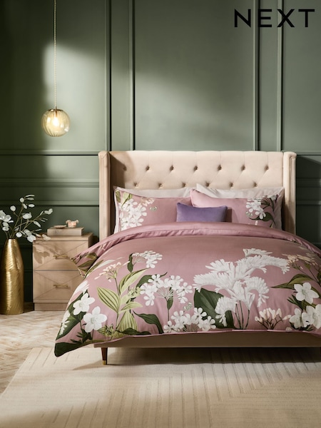 Pink 200 Thread Count 100% Egyptian Cotton Sateen Floral Border Duvet Cover and Pillowcase Set (B28305) | €31 - €53