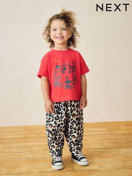 أحمر طباعة شكل جلد فهد - 100% Cotton Short Sleeve T-Shirt And Wide Leg Trousers (3mths-7yrs) (B28315) | ‏46 د.إ.‏ - ‏ 53‏ د.إ.