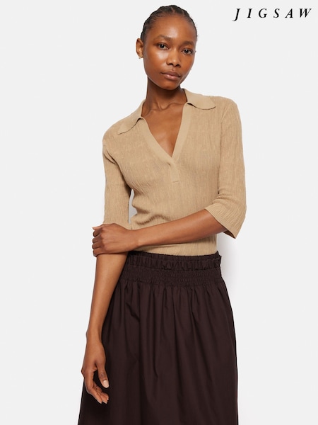 Jigsaw Brown 100% Cotton Collar Knitted Top (B28387) | €84