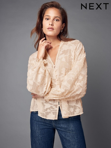 本色 - Jacquard Boho Long Sleeve Tie Neck Blouse (B28455) | HK$340