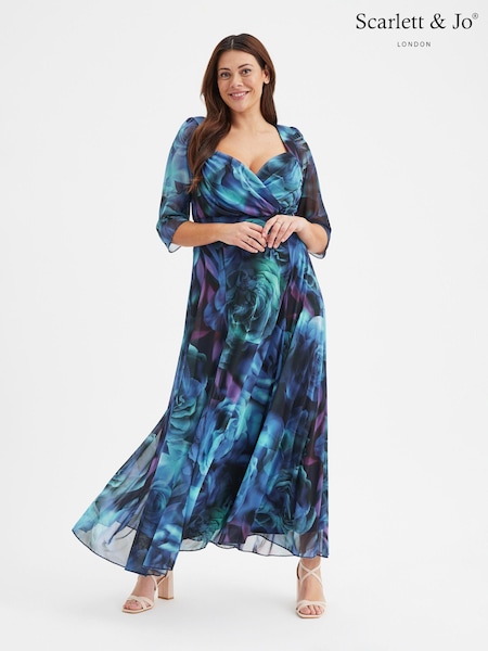 Scarlett & Jo Blue & Black Multi Rose Elizabeth Print Mesh Maxi Gown (B28465) | 470 QAR