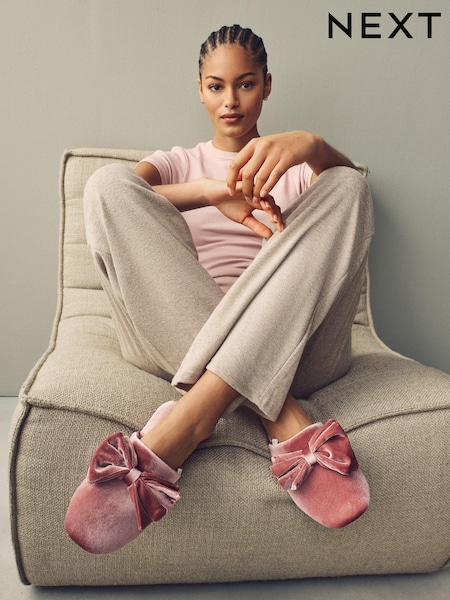 Pink Velour Bow Mule Slippers (B28543) | €13