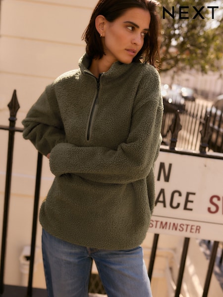 Olive Green Teddy Borg Cosy Longline Quarter Zip Fleece (B28546) | €22