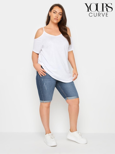 Yours Curve Mid Blue Cat Scratch Denim Shorts (B28563) | R$ 265
