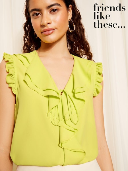 Friends Like These Seersucker Lime Green Ruffle Front Puff Sleeve Blouse (B28609) | €16