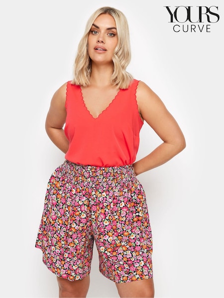 Yours Curve Pink Ditsy Floral Print Shirred Shorts (B28612) | €31