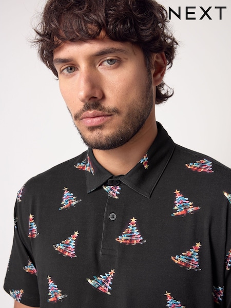 Black Neon Tree Christmas Print Polo Shirt (B28623) | € 6