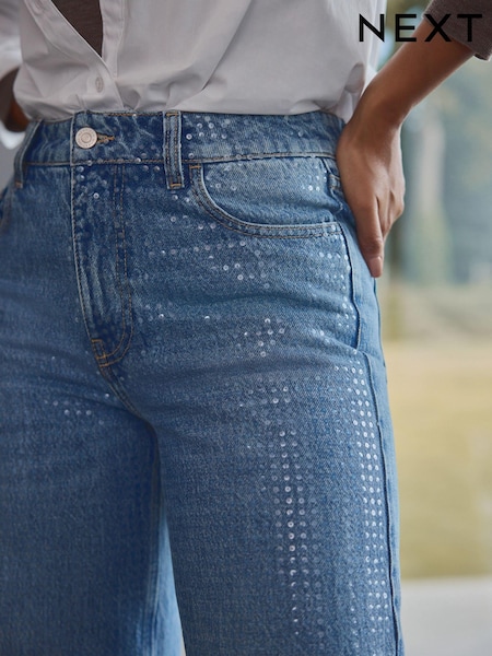 Mid Blue Sequin Embellished Wide Leg 100% Cotton Jeans (B28638) | €27