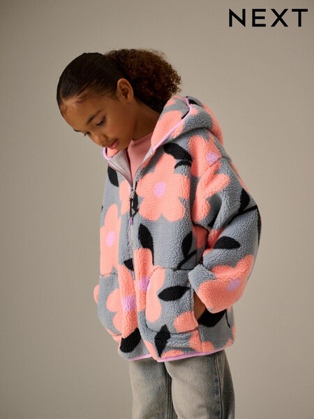 Gri/Roz Floral - Jachetă Borg Fleece cu glugă (3-16ani) (B28681) | 162 LEI - 196 LEI